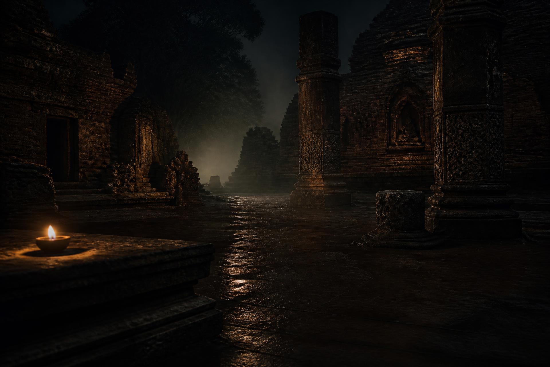 Lamplit ruins of an ancient Indian monastic university at night